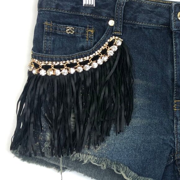 New Sparkle Women's Booty Shorts Sz 13 Jrs Fringe Rhinestones Raw Hem Destroyed - Picture 6 of 13